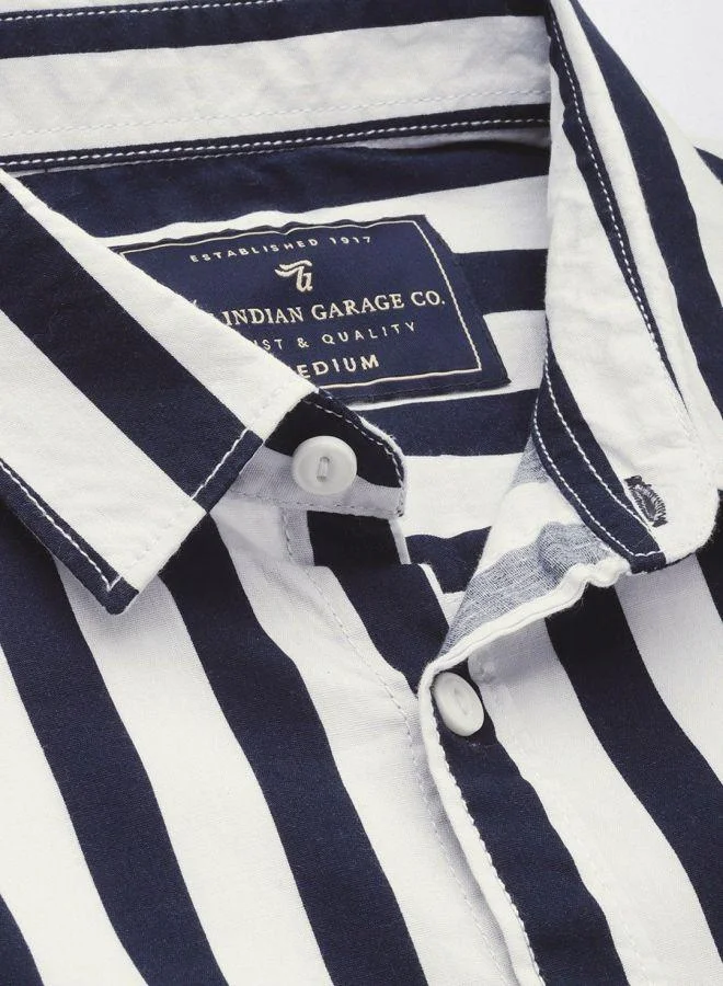 The Indian Garage Co Men Slim Fit Striped Full Sleeves Cutaway Collar Casual Shirt