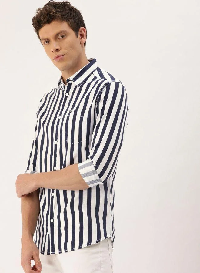 The Indian Garage Co Men Slim Fit Striped Full Sleeves Cutaway Collar Casual Shirt