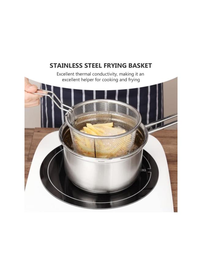 سلة قلي من الفولاذ المقاوم للصدأ مع مقبض ومصفاة سلكية لصيد المكرونة والمعكرونة، فضي دائري، مناسبة للطهي في المطبخ