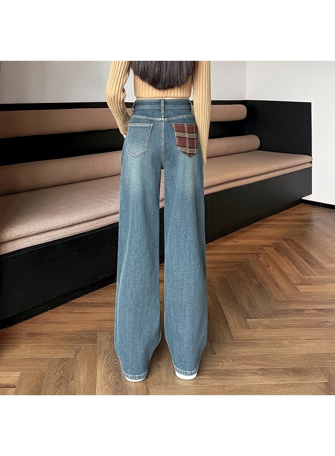 Tonlion Autumn Winter Women's Pocket Patchwork Straight-leg Denim Pants - Image 3