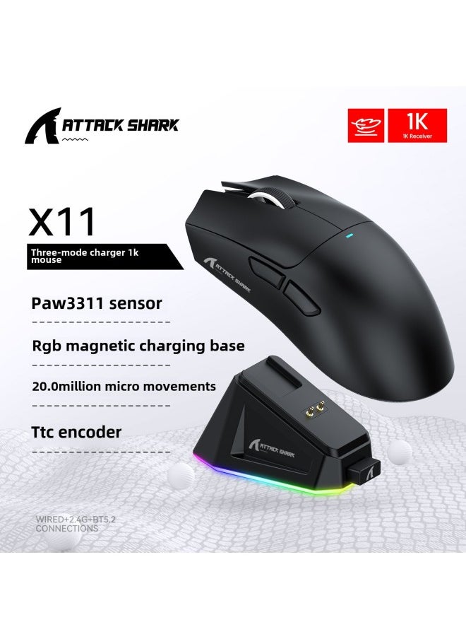 Generic Lightweight Attack Shark X11 Mouse PAW3311 Esports Gaming Three Mode Wireless Bluetooth Mouse Rechargeable RGB Base-Color:Attack Shark X11 Three-mode Mouse Black With RGB Charging Stand  - Image 1
