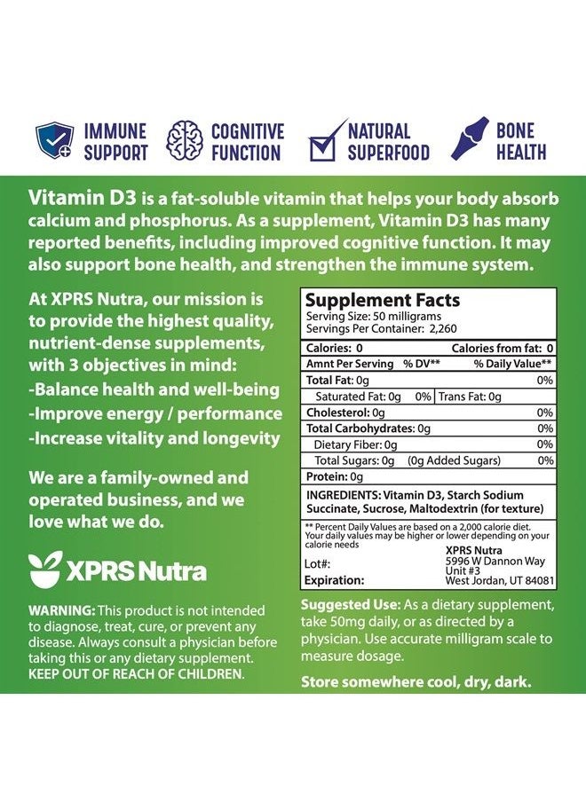 XPRS Nutra - Vitamin D3 Powder (Cholecalciferol) - Unflavored VIT D Powder for Bones and Immunity - Vitamin D3 Powder for Muscle Function - Vitamin D Powder Supplements (4 Ounce) - Image 1