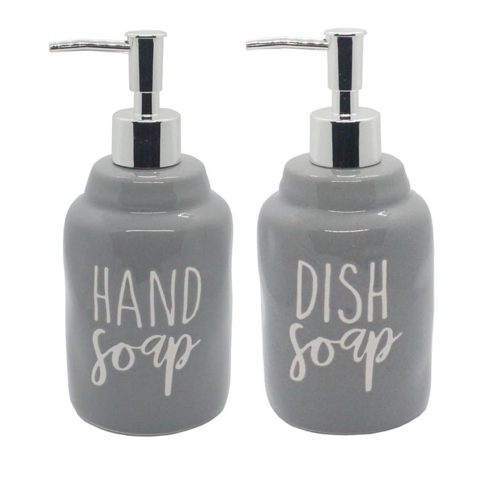 2 PACK CERAMICS HAND SOAP AND DISH SOAP DISPENSER SET FOR KITCHEN AND BATHROOM REFILLABLE LIQUID HAND SOAP DISPENSER PREMIUM KITCHEN SOAP DISPENSER PERFECT FOR COUNTER DCOR GRAY