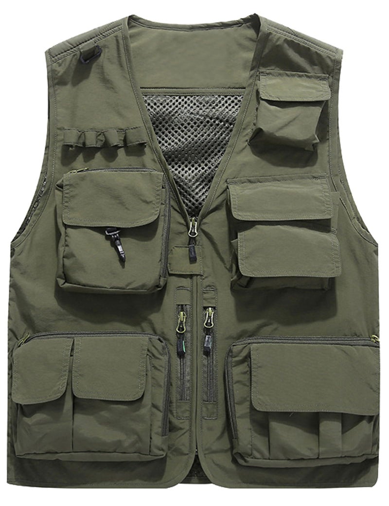 Flygo Mens Casual Lightweight Outdoor Fishing Work Safari Travel Photo Cargo Vest Jacket Multi PocketsXLarge Army Green