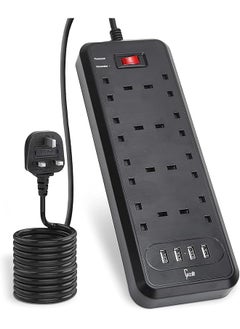 Gzar Gzar Premium 8-Way Surge-Protected Extension Lead with 4 USB Ports - Black Multi-Plug Power Strip, 2M Extension Cable, 2500W/10A UK Power Socket Extension Cord for Home & Office Use  - Image 1