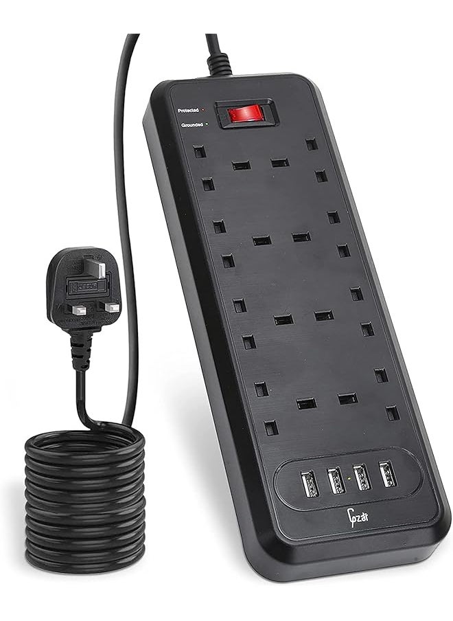 Gzar Gzar Premium 8-Way Surge-Protected Extension Lead with 4 USB Ports - Black Multi-Plug Power Strip, 2M Extension Cable, 2500W/10A UK Power Socket Extension Cord for Home & Office Use  - Image 1