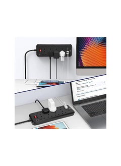 Gzar Gzar Premium 8-Way Surge-Protected Extension Lead with 4 USB Ports - Black Multi-Plug Power Strip, 2M Extension Cable, 2500W/10A UK Power Socket Extension Cord for Home & Office Use  - Image 3