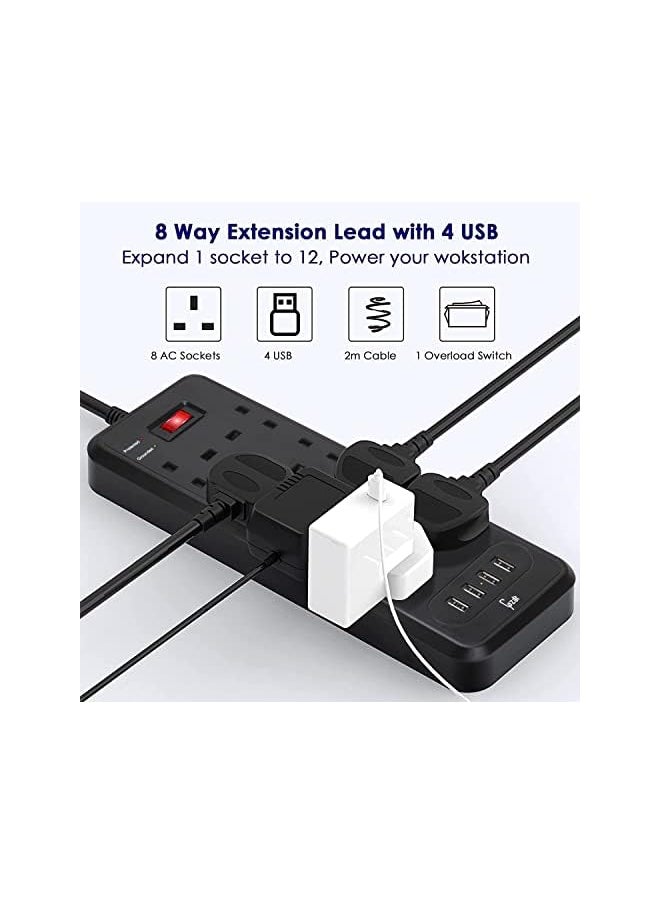 Gzar Gzar Premium 8-Way Surge-Protected Extension Lead with 4 USB Ports - Black Multi-Plug Power Strip, 2M Extension Cable, 2500W/10A UK Power Socket Extension Cord for Home & Office Use  - Image 4