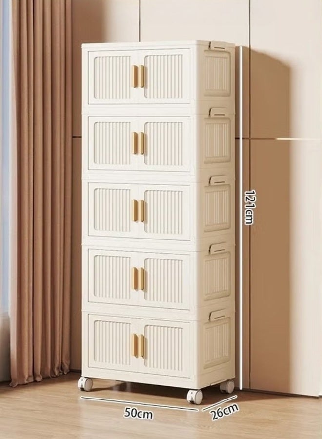 5-Tier Foldable Plastic Storage Cabinet with Flip Doors and Wheels, 50cm Wide Stackable Collapsible Organizer Bins for Clothes, Toys & Office Supplies - Image 1