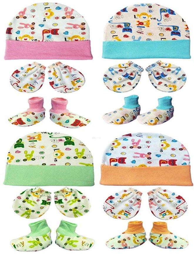 BRANDONN Newborn Baby's Cotton Mitten, Bootie & Cap Set 0-4 Months Baby Boys and Baby Girls, Pack of 4 - Image 1