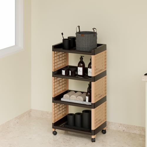 Biltoxi Plastic Multipurpose Storage Racks | 4 Shelfs Storage Organizer Racks for Home, Kitchen, Bathroom | Kitchen Trolley Rack with Wheels (Brown and Ivory) - Image 1