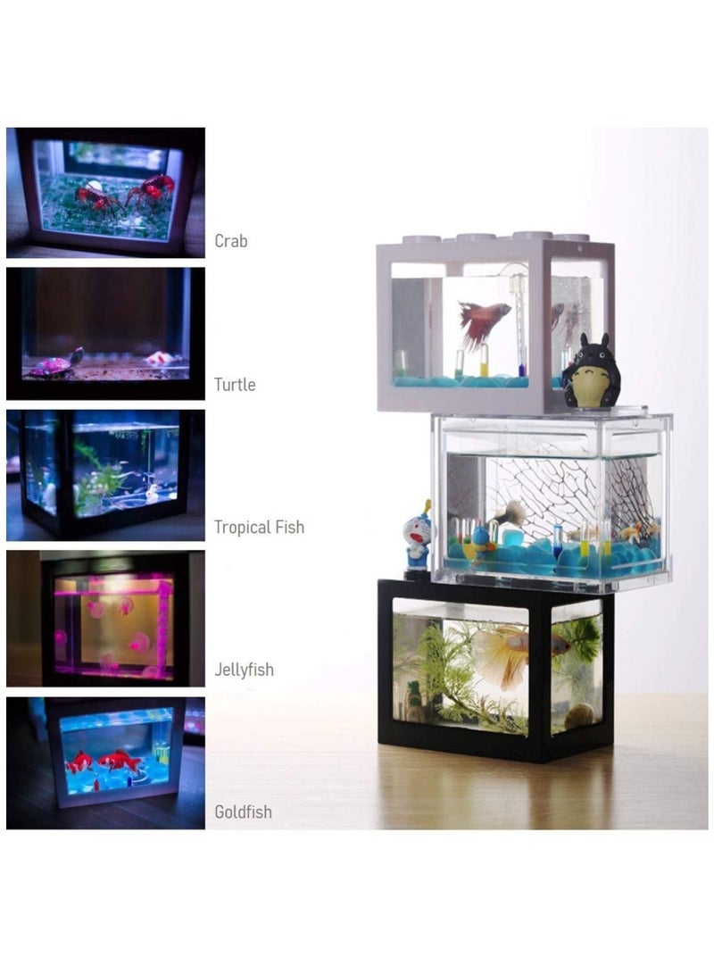 حوض أسماك صغير USB حوض أسماك مع إضاءة LED مجموعة حوض أسماك بيتا قابلة للتكديس مجموعة إكسسوارات حوض السمك للسلحفاة والزواحف والروبيان والطحالب وسرطان البحر 16 × 10.5 × 14 سم أبيض - Image 2