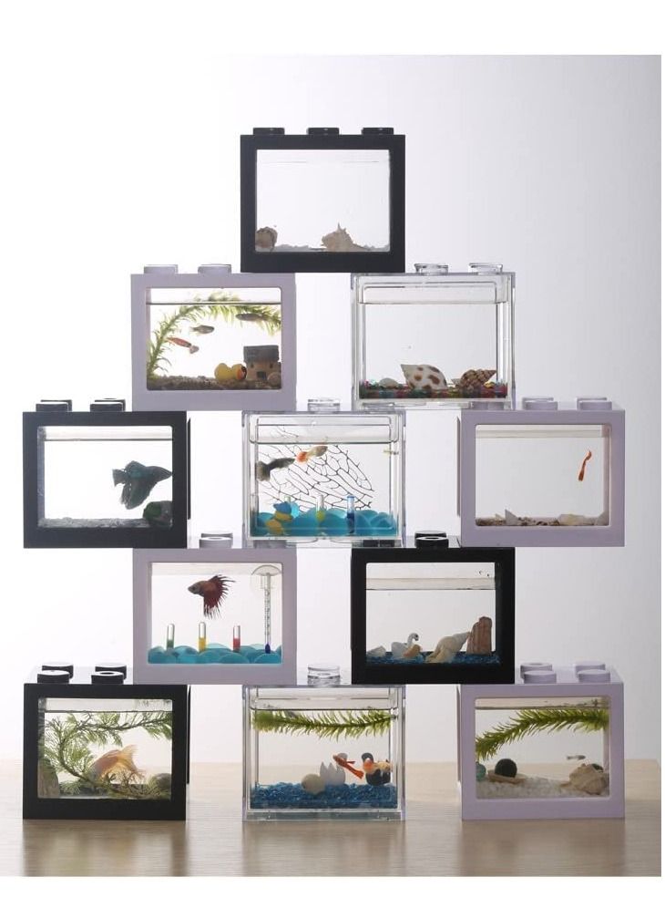 حوض أسماك صغير USB حوض أسماك مع إضاءة LED مجموعة حوض أسماك بيتا قابلة للتكديس مجموعة إكسسوارات حوض السمك للسلحفاة والزواحف والروبيان والطحالب وسرطان البحر 16 × 10.5 × 14 سم أبيض - Image 4