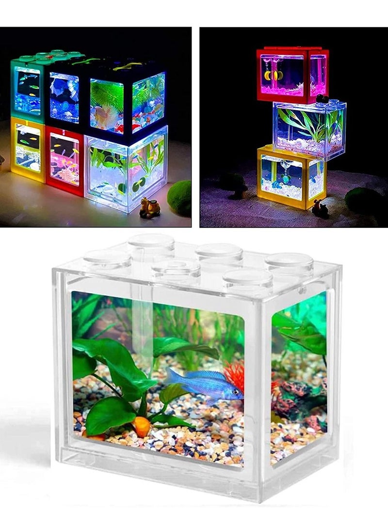 حوض أسماك صغير USB حوض أسماك مع إضاءة LED مجموعة حوض أسماك بيتا قابلة للتكديس مجموعة إكسسوارات حوض السمك للسلحفاة والزواحف والروبيان والطحالب وسرطان البحر 16 × 10.5 × 14 سم أبيض - Image 1