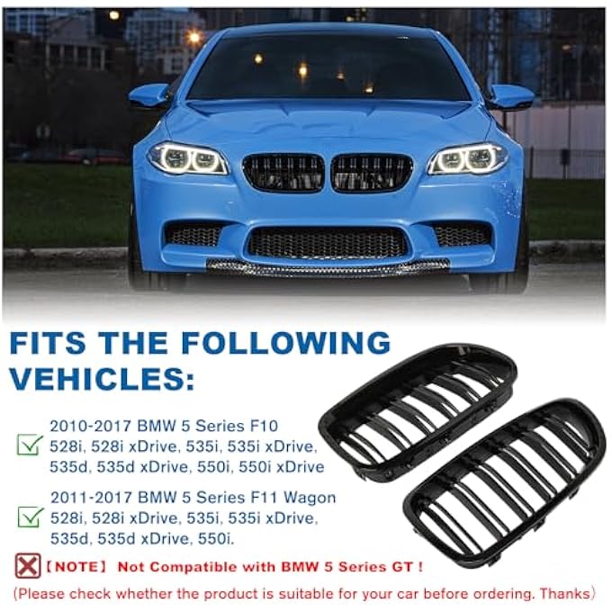 BILLDIO F10 Grille  Front Kidney Grille Double Slats Glossy Black Compatible With 20102017 Bmw 5 Series F10 F11 F18 Sedan 520I 528I 535D 535I 550I 520I  Abs Gloss Black Kidney Grill - Image 2