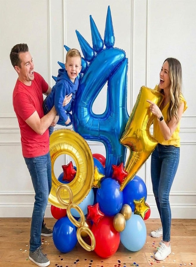 kozee Speed Hedgehog 4th Birthday Balloon Centerpiece Set Royal Blue Red Gold Latex 40 Inch Number 4 Foil Gold Lightning Star Cones for Boys Racing Game Party Table Floor Decor (4th Red Blue) - Image 2