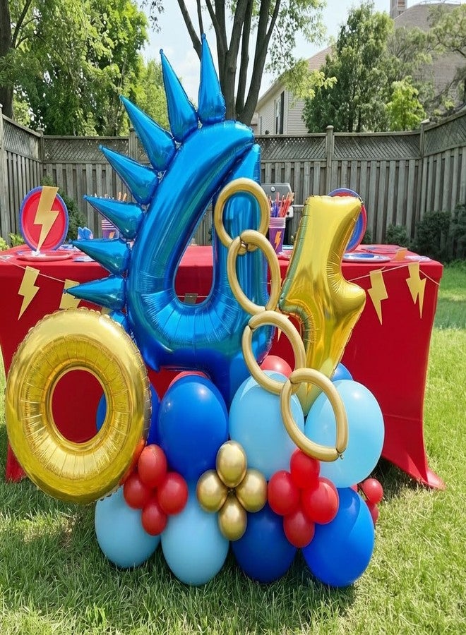 kozee Speed Hedgehog 4th Birthday Balloon Centerpiece Set Royal Blue Red Gold Latex 40 Inch Number 4 Foil Gold Lightning Star Cones for Boys Racing Game Party Table Floor Decor (4th Red Blue) - Image 1