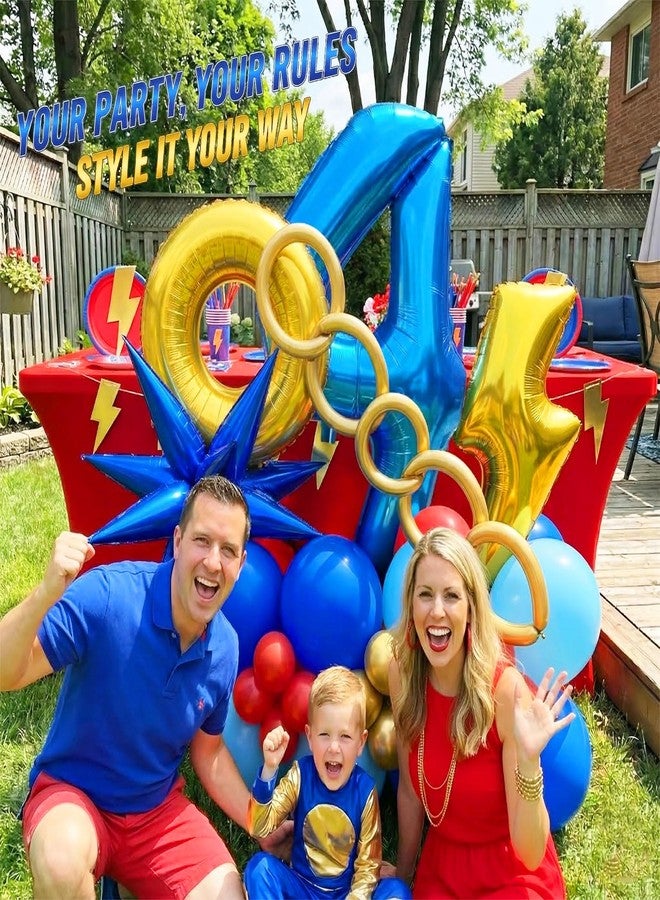 kozee Speed Hedgehog 4th Birthday Balloon Centerpiece Set Royal Blue Red Gold Latex 40 Inch Number 4 Foil Gold Lightning Star Cones for Boys Racing Game Party Table Floor Decor (4th Red Blue) - Image 5
