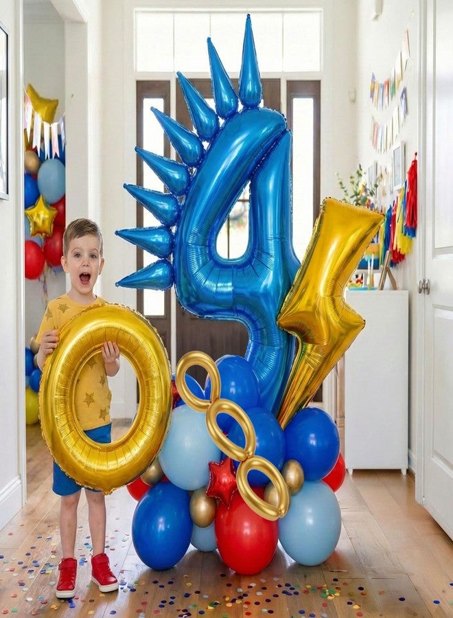 kozee Speed Hedgehog 4th Birthday Balloon Centerpiece Set Royal Blue Red Gold Latex 40 Inch Number 4 Foil Gold Lightning Star Cones for Boys Racing Game Party Table Floor Decor (4th Red Blue) - Image 3