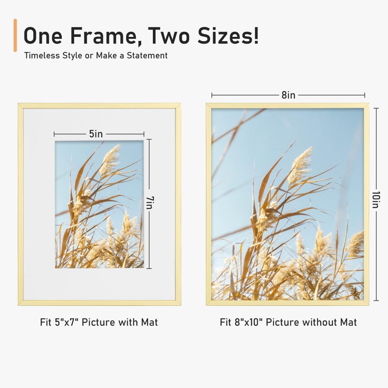 Acovy 8x10 Picture Frame  Aluminum 8x10 Frame Matted to 5x7  8x10 Photo Frame with High Definition Plexiglass  Metal 8x10 Frame for Wall or Tabletop Display  Wall Hook Included (Gold  Pack of 1) - Image 3