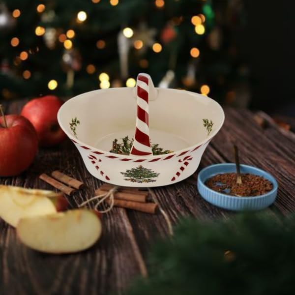 Spode Spode Christmas Tree Candy Basket 65Inch Candy Bowl with Peppermint Handle for Holiday Snacks Earthenware Christmas Gift Festive Holiday Serveware  Holiday Display Bowl Seasonal Dcor - Image 3