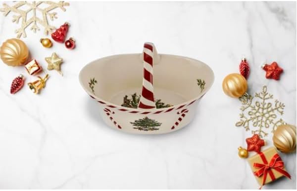 Spode Spode Christmas Tree Candy Basket 65Inch Candy Bowl with Peppermint Handle for Holiday Snacks Earthenware Christmas Gift Festive Holiday Serveware  Holiday Display Bowl Seasonal Dcor - Image 2