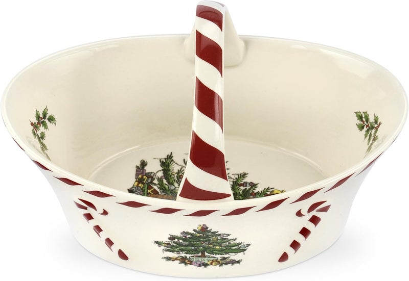 Spode Spode Christmas Tree Candy Basket 65Inch Candy Bowl with Peppermint Handle for Holiday Snacks Earthenware Christmas Gift Festive Holiday Serveware  Holiday Display Bowl Seasonal Dcor - Image 4