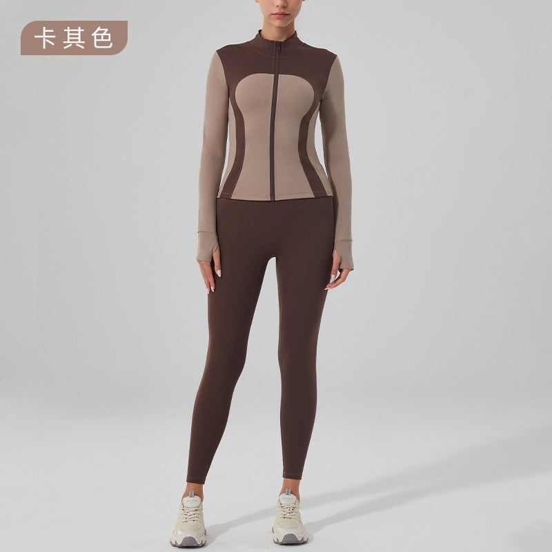 Generic Cross-border New Fitness Suit Slimming Yoga Suit Jacket Sports Jacket Womens Yoga Suit Long Sleeve Top with Lining Collar Zipper Suit - khaki 
