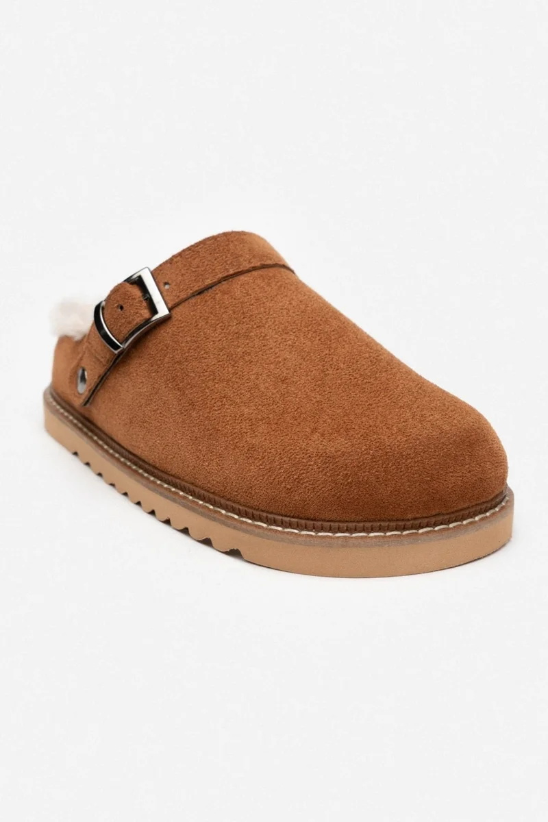 نيشانتاشي شوز Glady Brown Suede Fur Belt Detail Flat Sole Women's Home Slippers