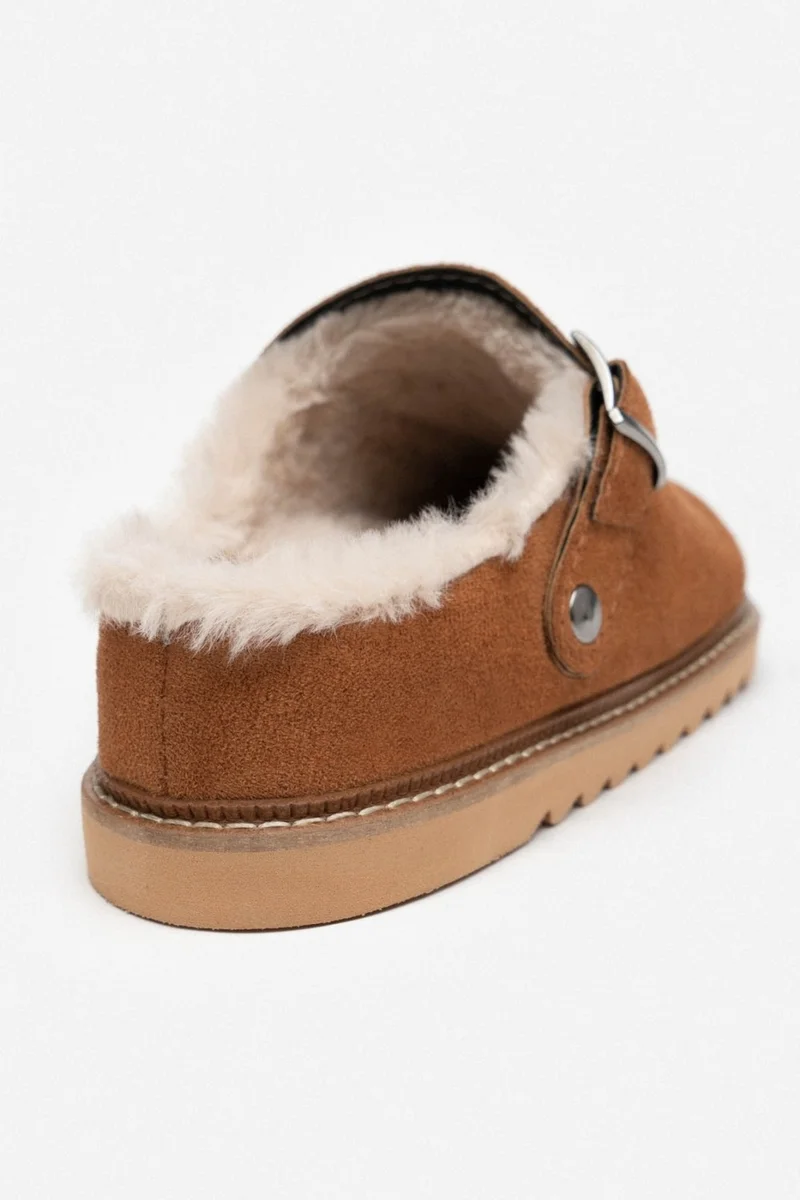 نيشانتاشي شوز Glady Brown Suede Fur Belt Detail Flat Sole Women's Home Slippers