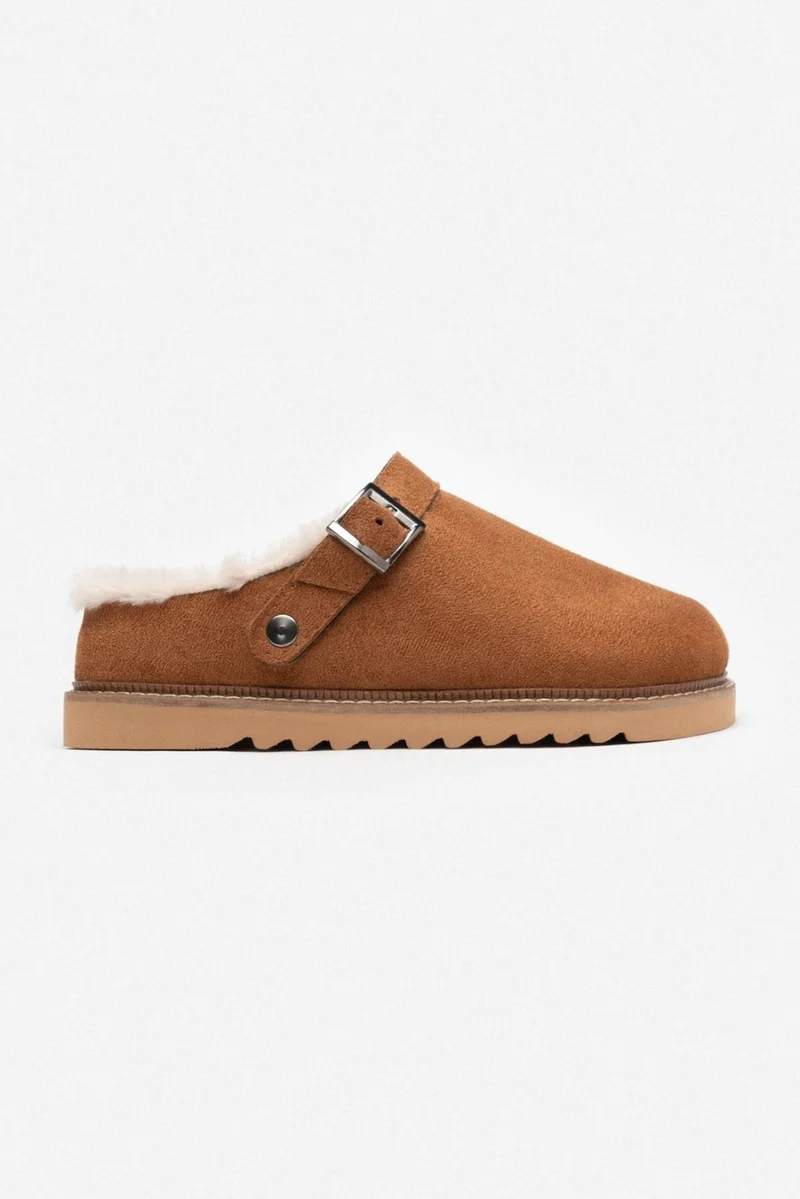 نيشانتاشي شوز Glady Brown Suede Fur Belt Detail Flat Sole Women's Home Slippers