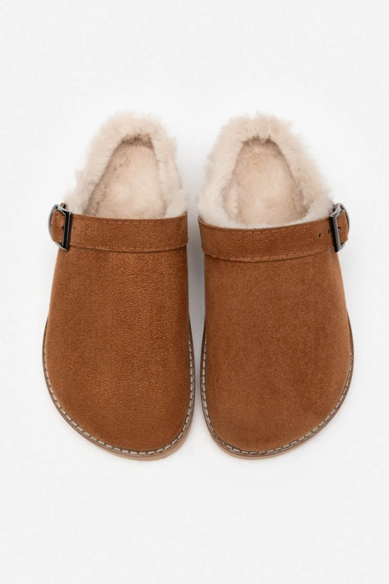 نيشانتاشي شوز Glady Brown Suede Fur Belt Detail Flat Sole Women's Home Slippers