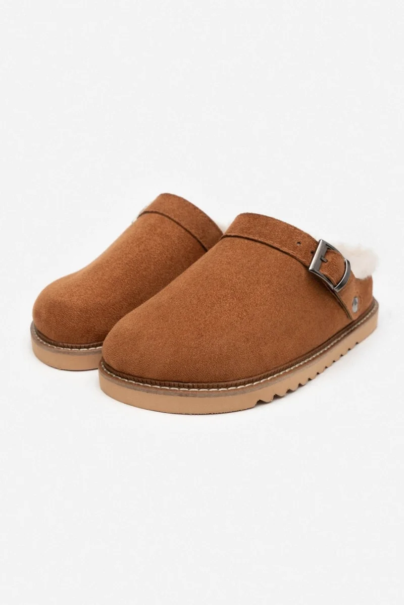 نيشانتاشي شوز Glady Brown Suede Fur Belt Detail Flat Sole Women's Home Slippers