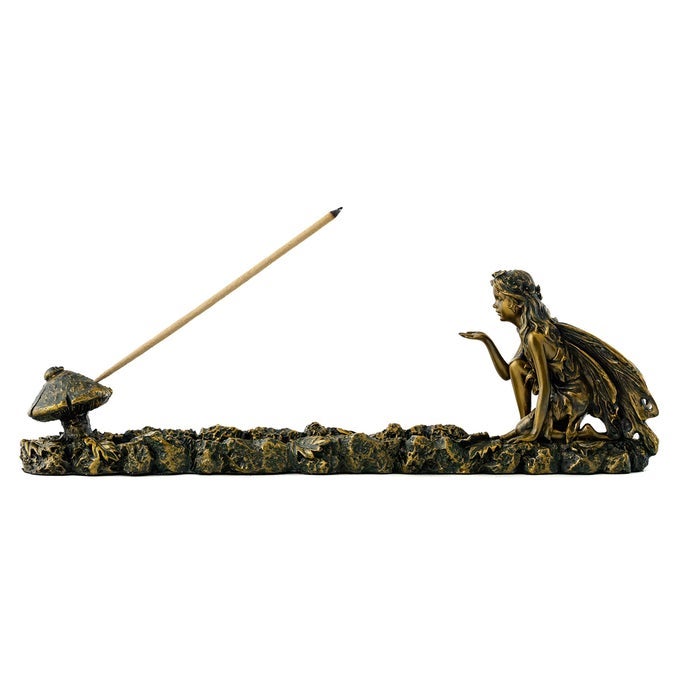 FAIRY AND MUSHROOM INCENSE HOLDERHAND PAINTED MYTHICAL CREATURE WITH BRONZE FINISH LOOK 10INCH COLLECTIBLE FIGURINE