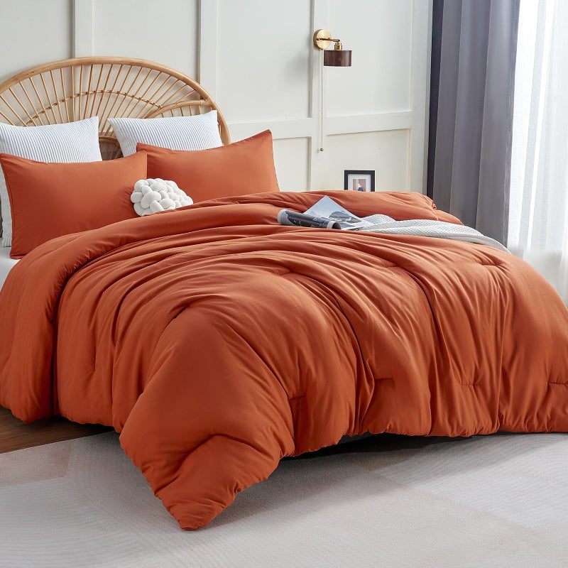 CozyLux Terracotta King Size Comforter Set 3 Pieces Burnt Orange Rust Solid Breathable Quilted Bedding Sets Luxury Fluffy Soft Bed Set with Down Alternative Comforter and 2 Pillowcases All Season