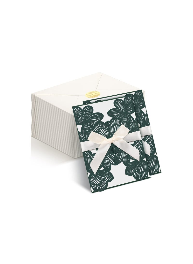SOLARAE Elegant Dark Green Laser Cut Wedding Invitations with Envelopes, Lace Design, Blank Inner Sheets, Ribbons, and Stickers for Bridal Showers, Engagements, Birthdays, and Anniversaries (20 Sets) - Image 1