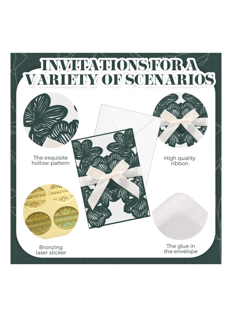 SOLARAE Elegant Dark Green Laser Cut Wedding Invitations with Envelopes, Lace Design, Blank Inner Sheets, Ribbons, and Stickers for Bridal Showers, Engagements, Birthdays, and Anniversaries (20 Sets) - Image 4