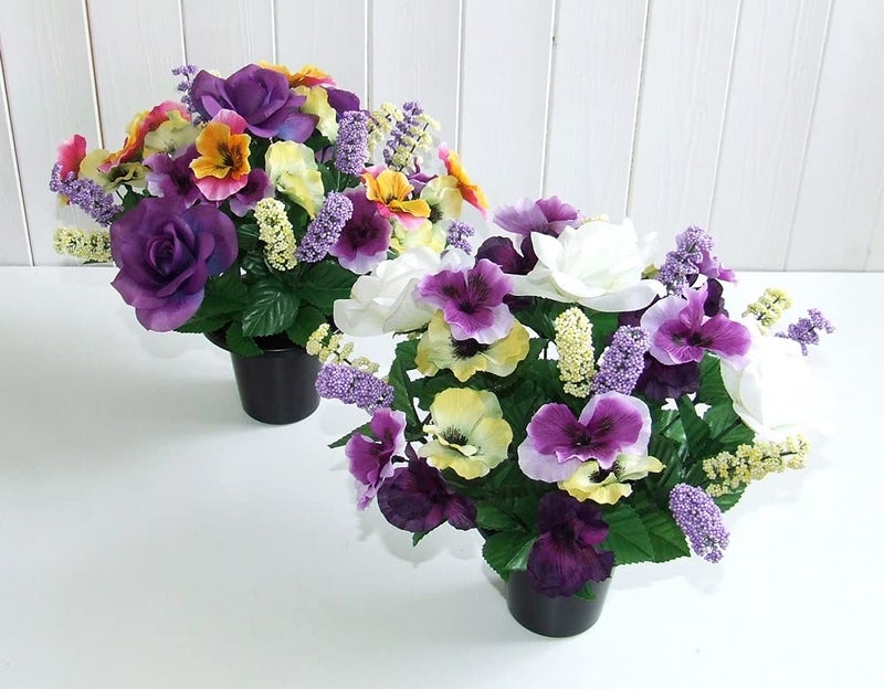 PansyRose Artificial Grave Flower Arrangement in Pot Pair
