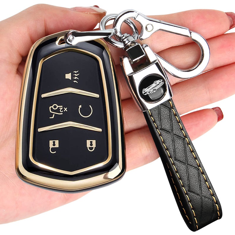 for Cadillac Key Fob Cover - Key Fob Cover Case Holder for 2015-2019 Cadillac Escalade CTS SRX XT5 ATS STS CT6 Superior Soft TPU 360 Degree Full Protection (Black)