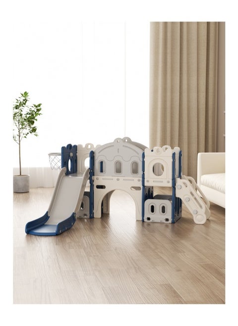 Tower-Shaped Slide And Swing With Bridge + Ball Frame And Basketball + Walkway (Unenclosed)