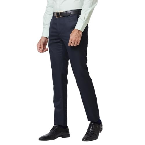 Raymond Men Slim Fit Solid Pattern Poly Viscose Blend Pleatless Formal Trouser (Size: 32)-RMTS05211-B7 Dark Blue - Image 3