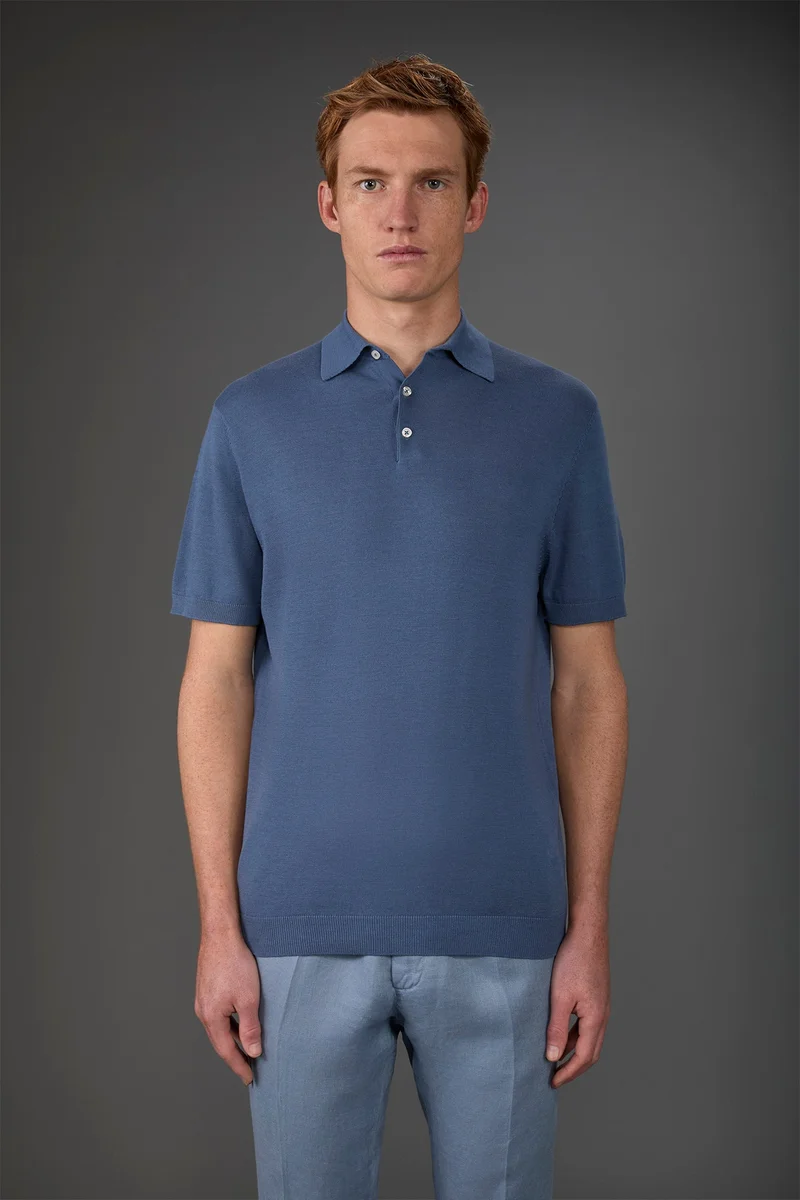 Men's short-sleeved knitted polo shirt - Cerulean