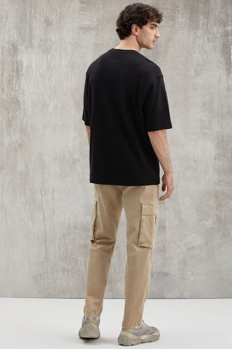 جريميلانج Joel Men's 100% Organic Cotton Thick Fabric Special Texture Label Detail Oversize Black T-shirt