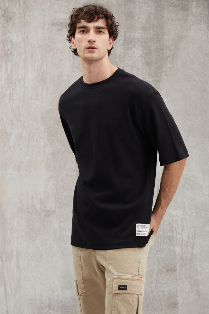جريميلانج Joel Men's 100% Organic Cotton Thick Fabric Special Texture Label Detail Oversize Black T-shirt