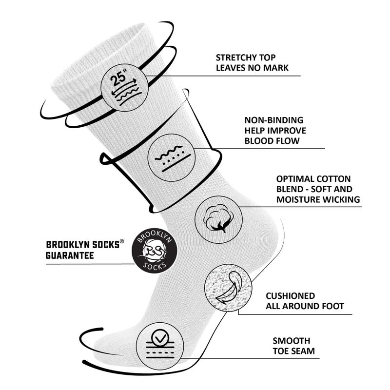 Brooklyn Socks 6 Pairs of Cotton Diabetic Neuropathy Crew Socks (10-13, Fits Mens shoe size 9-12, White) - Image 3