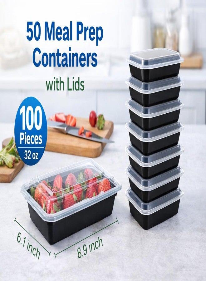 NAA Meal Prep Containers 50 Pack (100-Pc) 32 oz with Lids, BPA-Free Reusable Food Storage Leakproof Durable, Microwave Freezer Dishwasher Safe, Plastic Lunch Boxes Black - Image 3