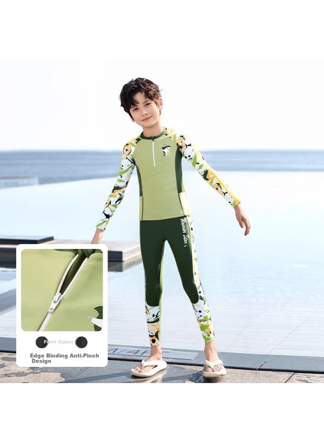 Pull Back Warrior Kids Boys Two-piece Long Sleeve Long Pants Sun Protection Quick-dry Swimwear 35242 Military Green Size 145 - Image 2