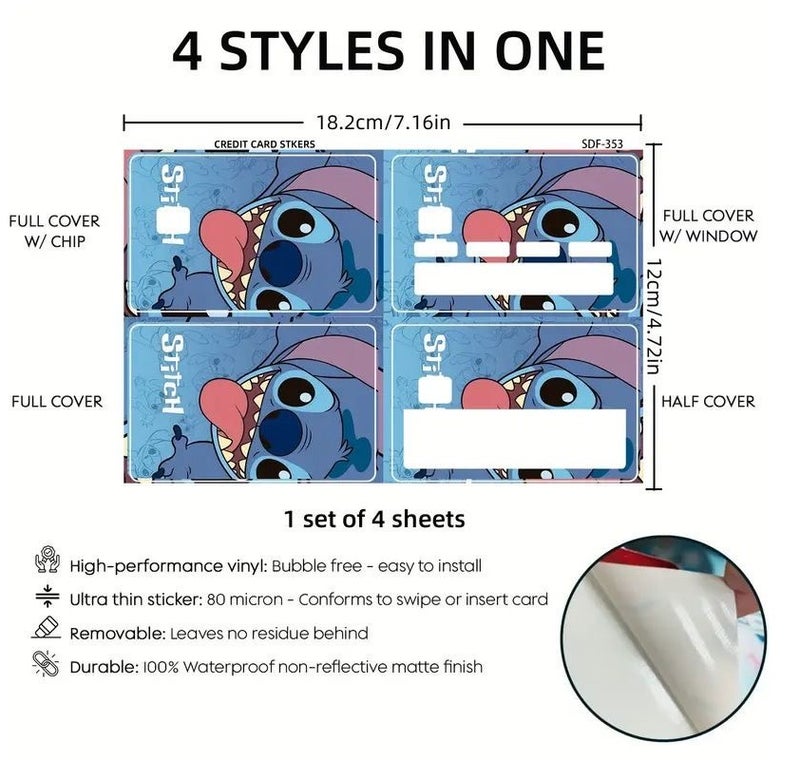 JAYATO 1 Set of 4 pcs Credit Card Decorative Stickers - Lilo & Stitch Card Skin for Credit, Debit Card Stickers, Transportation Card, ATM Available, Removable, Waterproof, Slim, No Bubble, Digital-Printed for Small Chip Cards, Best birthday gift for Kids, Girls Boys and Teens Adults Card - Image 3