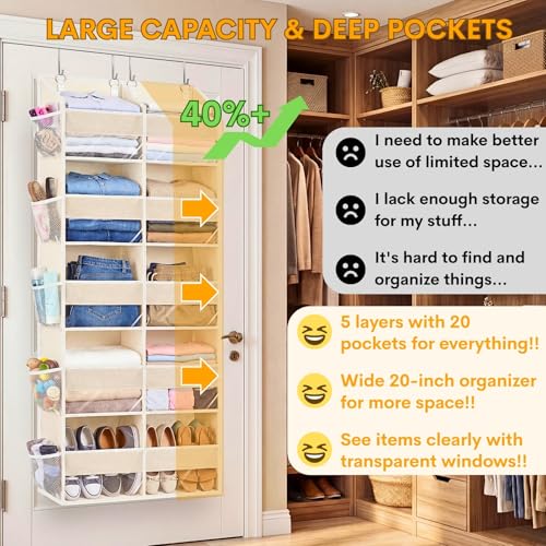 Ofiray-home 2 Pack Over the Door Organizer 5 Tiers Extra Large Behind Door Storage of 10 Compartments 80 lbs Weight Capacity Over Door Organizer Door Hanging Organizer for Closet Diaper Organizer Beige - Image 3