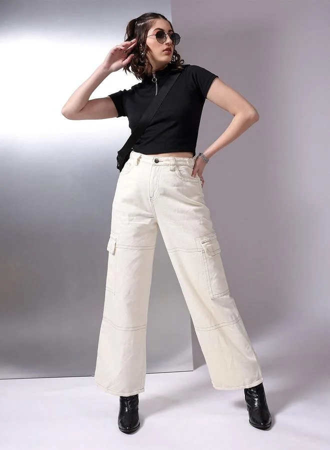 Freehand White Freehand Women Relaxed Fit Cargo Jeans for Women | Best Price UAE